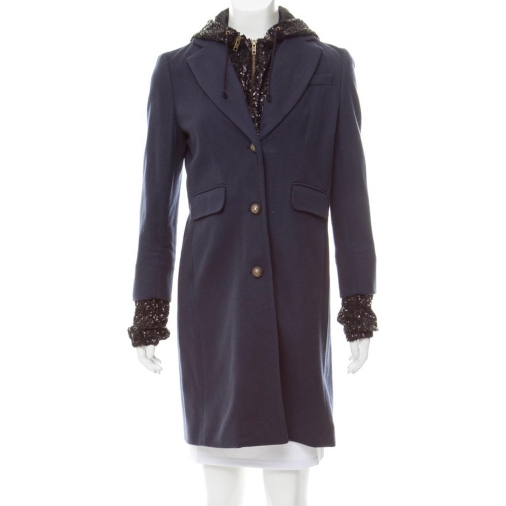 Gryphon Embellished Sequins On Silk Hood Knee-Length Wool Coat Sz S Navy/Blue